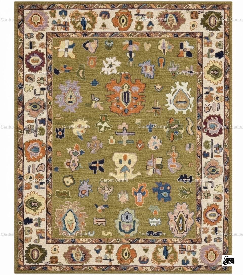 Olive Green Oushak Rug, Hand-Knotted Wool, Eclectic Boho Style