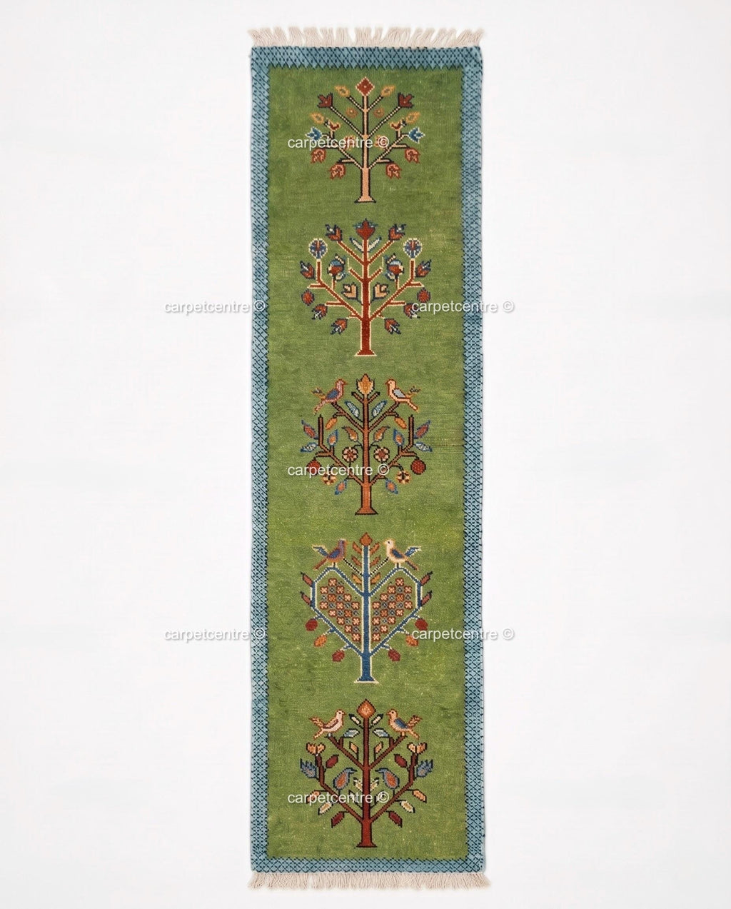 Green Wool Tribal Tree Runner Rug – Bird Motif Folk Art Hallway Carpet
