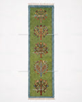 Green Wool Tribal Tree Runner Rug – Bird Motif Folk Art Hallway Carpet