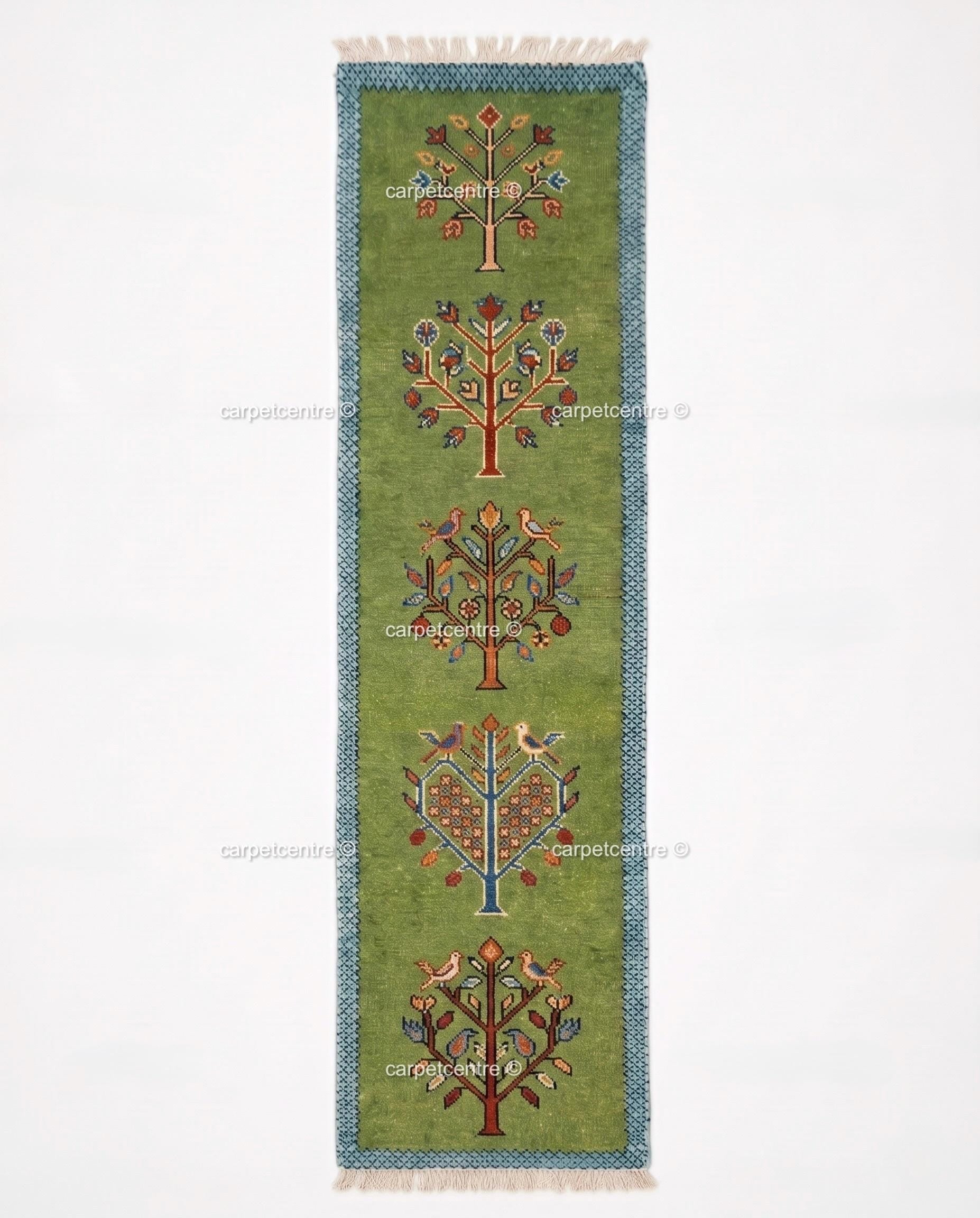 Green Wool Tribal Tree Runner Rug – Bird Motif Folk Art Hallway Carpet