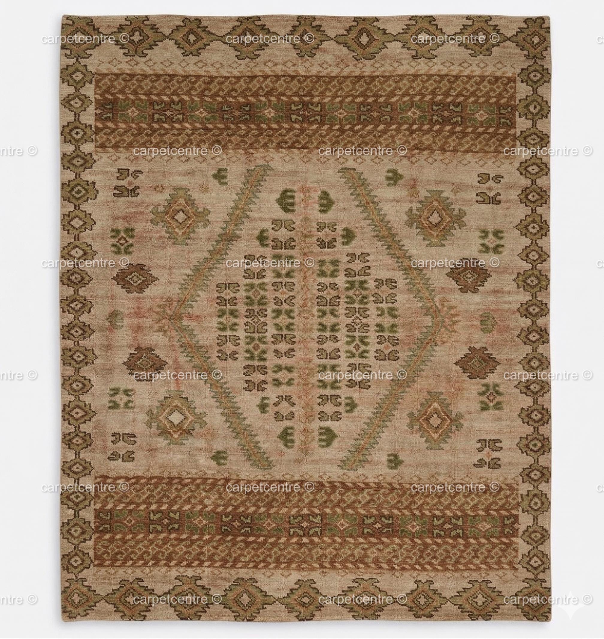 Hand-Knotted Oushak Rug: Muted Sage Green, Terracotta Wool Area Rug (8x10, 9x12)