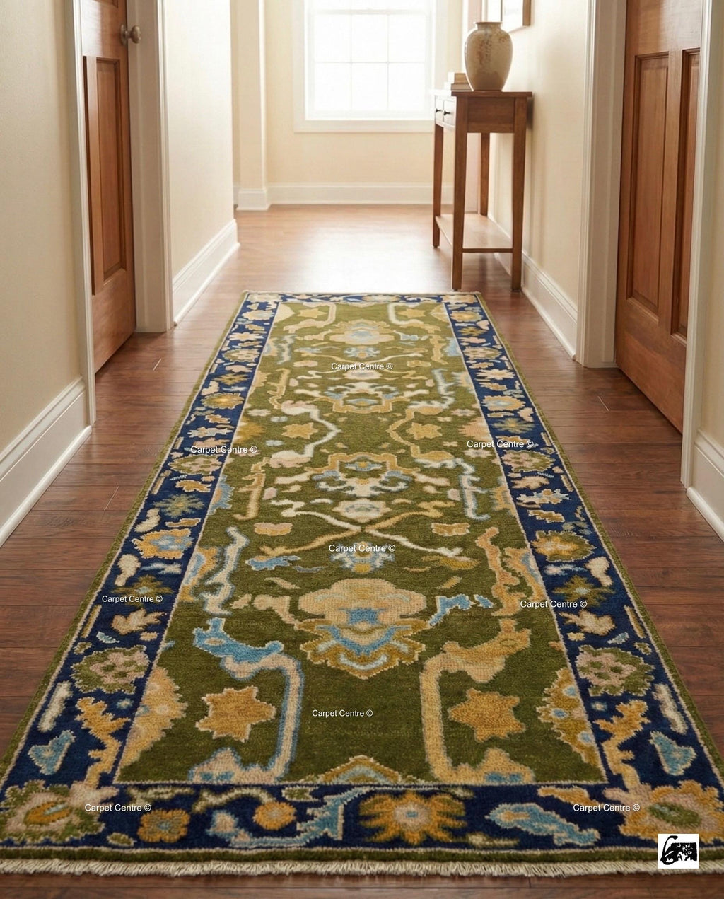Hand Knotted Oushak Runner, Olive Green, Navy Border, Turkish Wool
