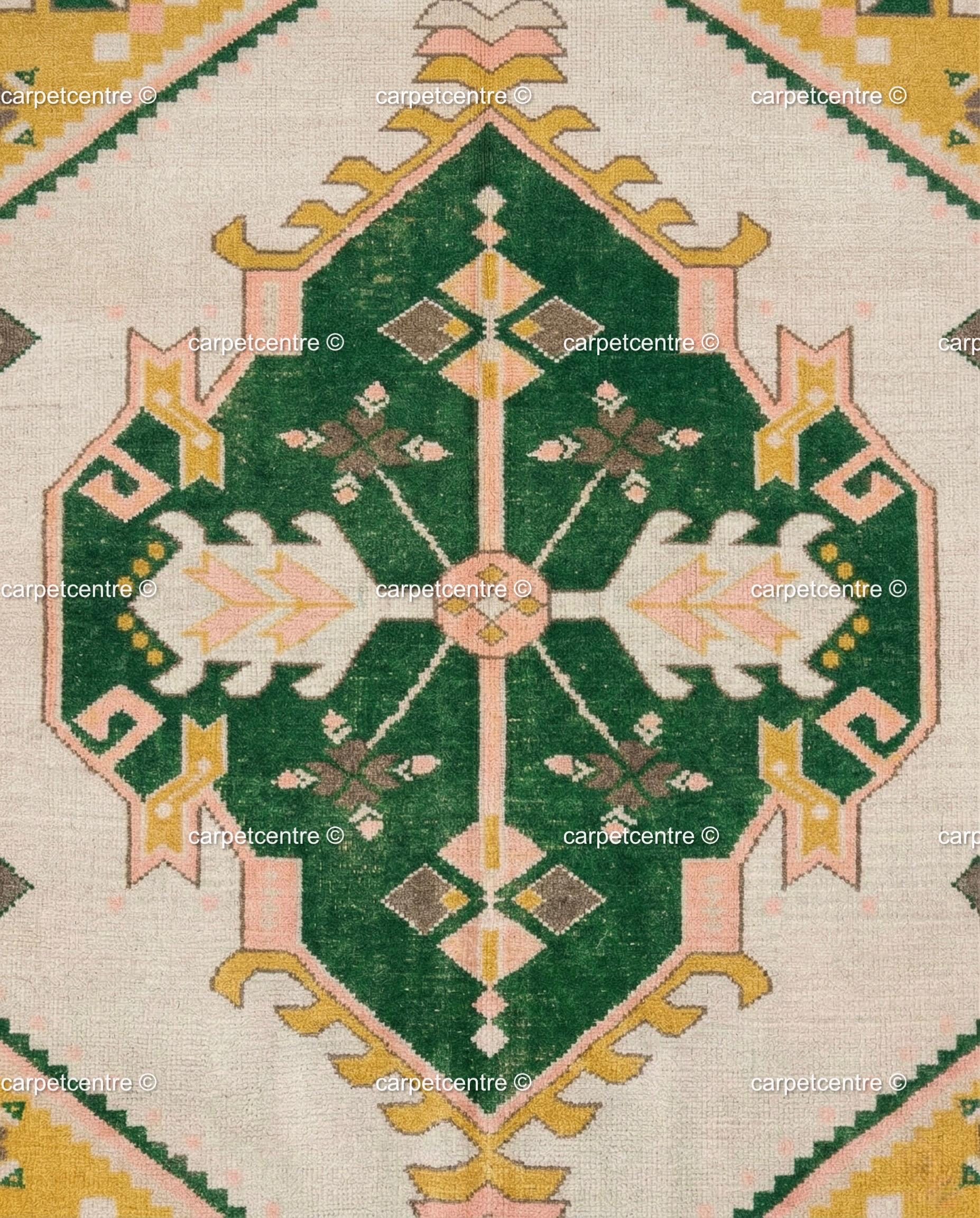 Hand Knotted Wool Oushak Rug | Green, Yellow, Pink Geometric Boho Area Rug