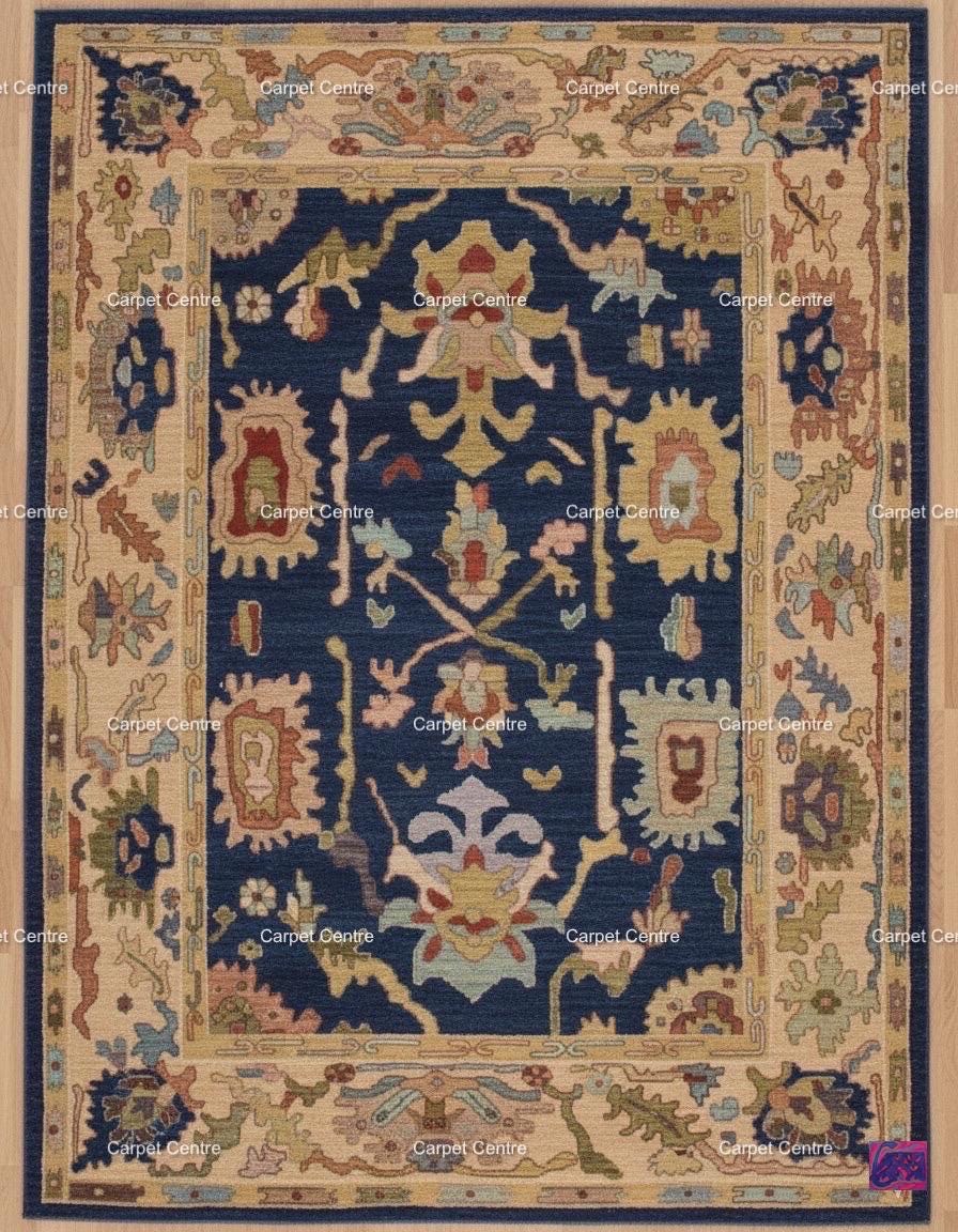 Navy Blue Oushak Wool Rug | Hand-Knotted Medallion Carpet