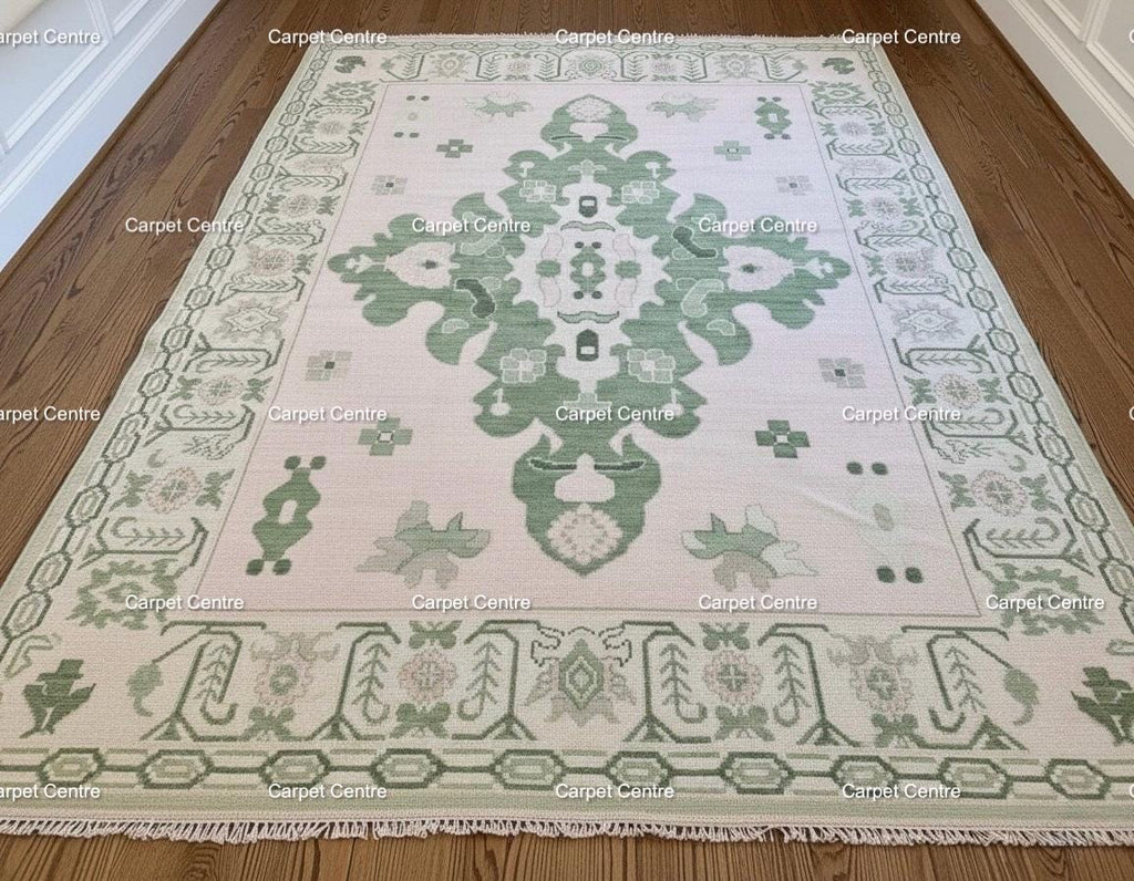 Hand-Knotted Oushak Wool Rug: Sage Green Medallion, Transitional Design