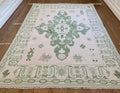 Hand-Knotted Oushak Wool Rug: Sage Green Medallion, Transitional Design