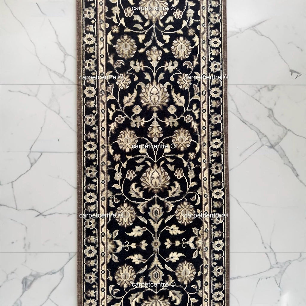 Handmade Oushak Wool Runner Rug, Black and Gold Floral Design Hallway Entryway Runner