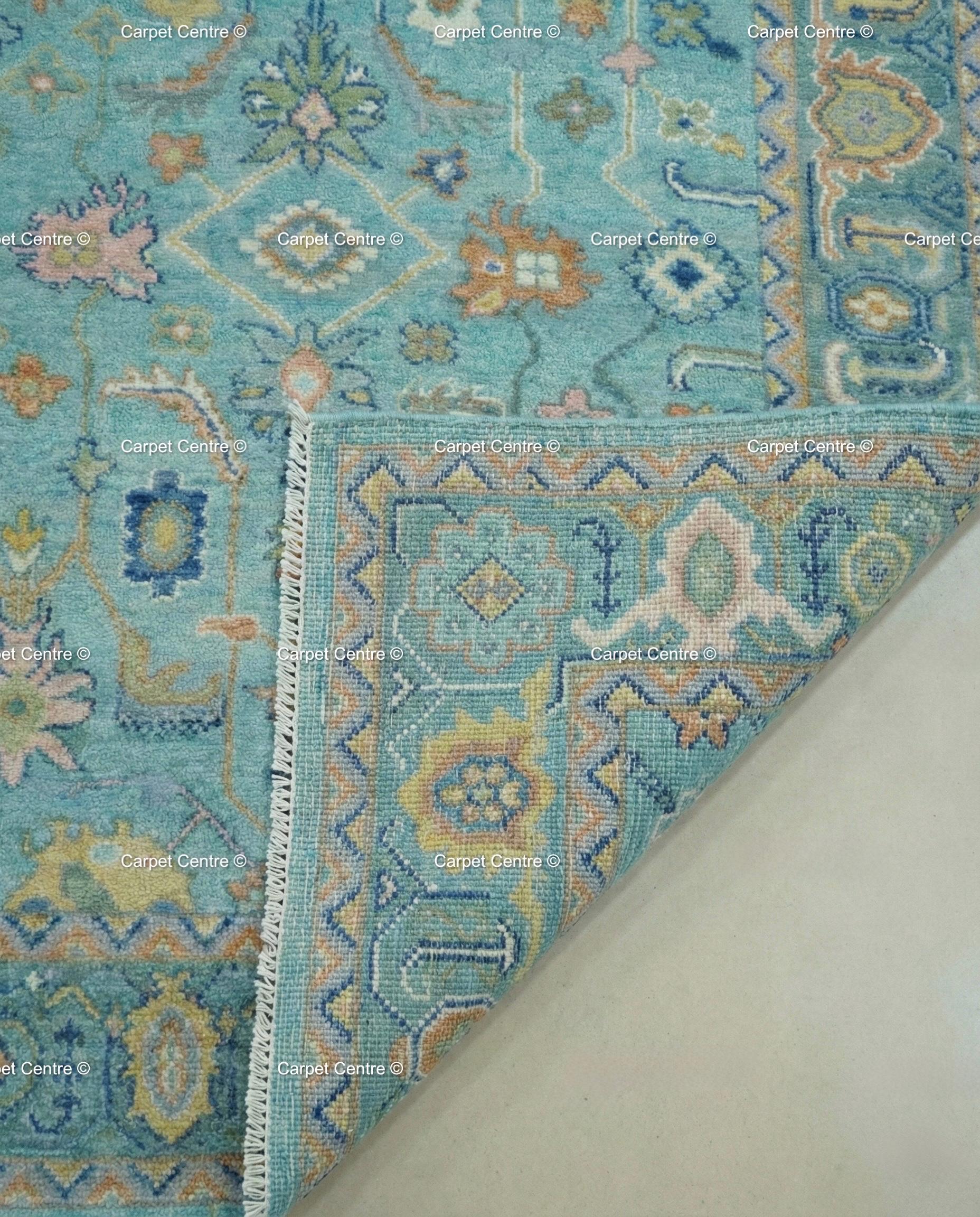 Turquoise Oushak Rug, Hand-Knotted Wool, Southwestern Boho Decor
