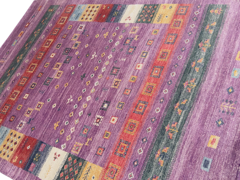 Hand Knotted Wool Rug | Purple Gabbeh Style Tribal Pattern, Multicolor Accents