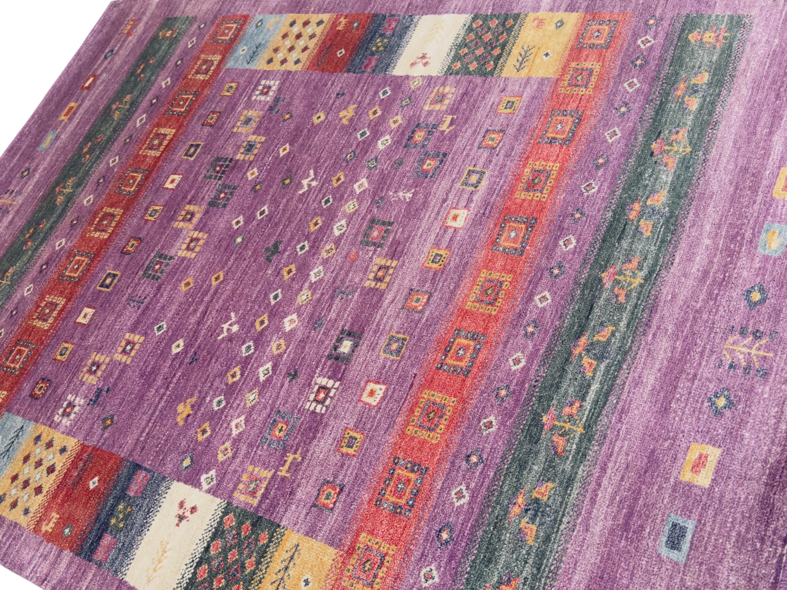 Hand Knotted Wool Rug | Purple Gabbeh Style Tribal Pattern, Multicolor Accents