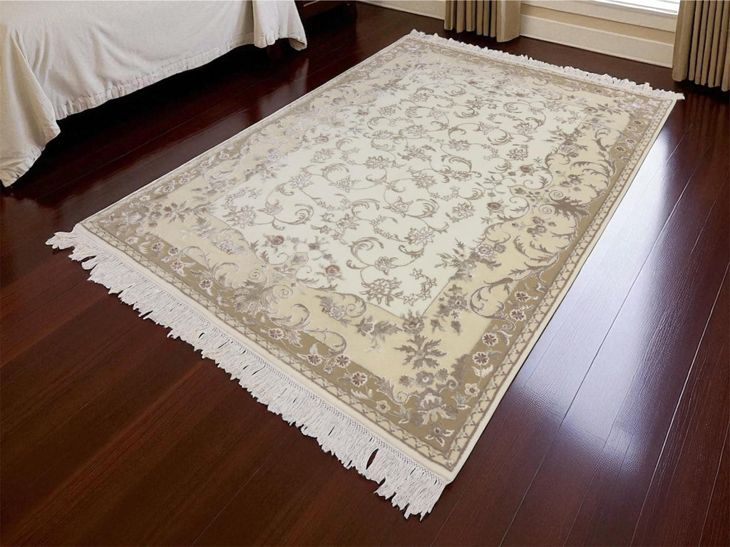 Hand Knotted Beige Persian Wool Rug | Art Silk Floral, 7'11" x 5'8"