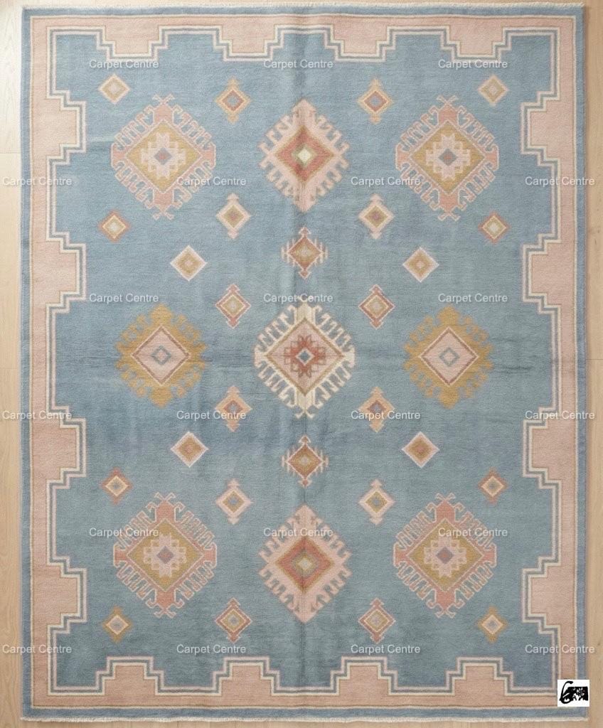 Hand-Knotted Wool Oushak Rug, Light Blue, Blush Pink Border