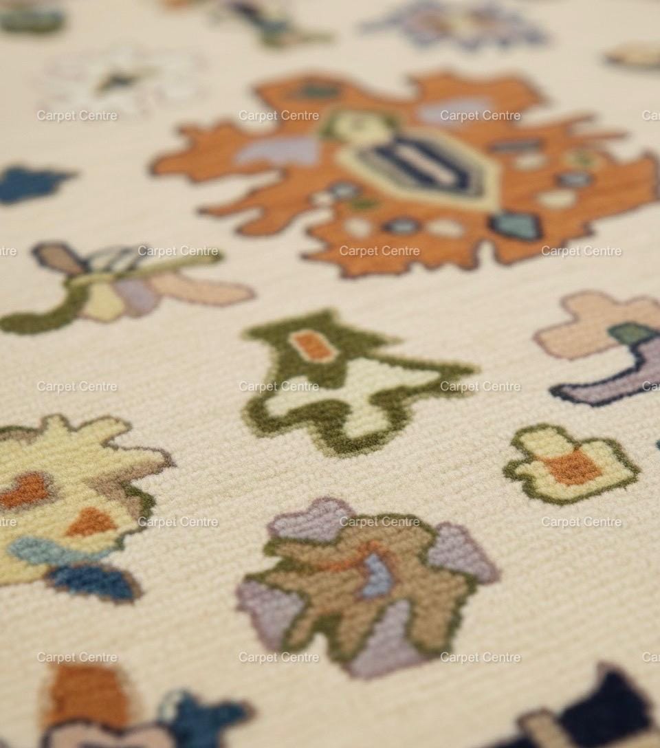 Hand-Knotted Ivory Oushak Wool Rug, Colorful Boho Floral, 8x10