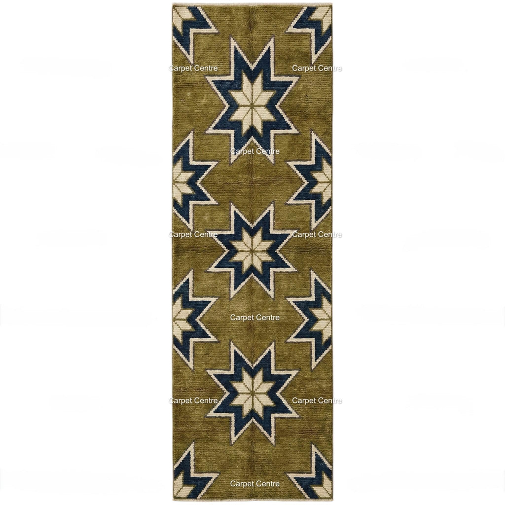 Olive Green Wool Runner Rug, Turkish Knot Star Pattern