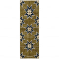 Olive Green Wool Runner Rug, Turkish Knot Star Pattern