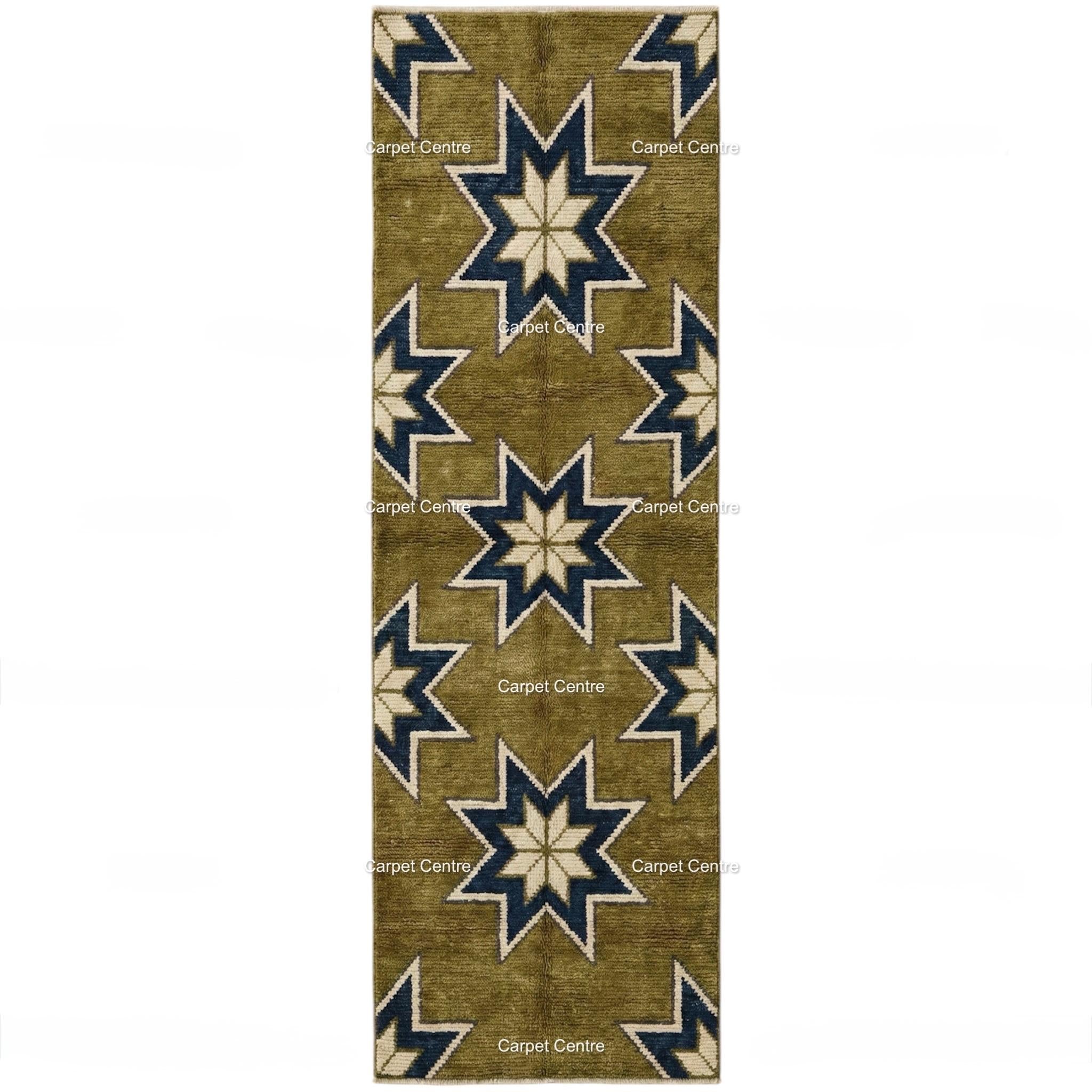 Olive Green Wool Runner Rug, Turkish Knot Star Pattern