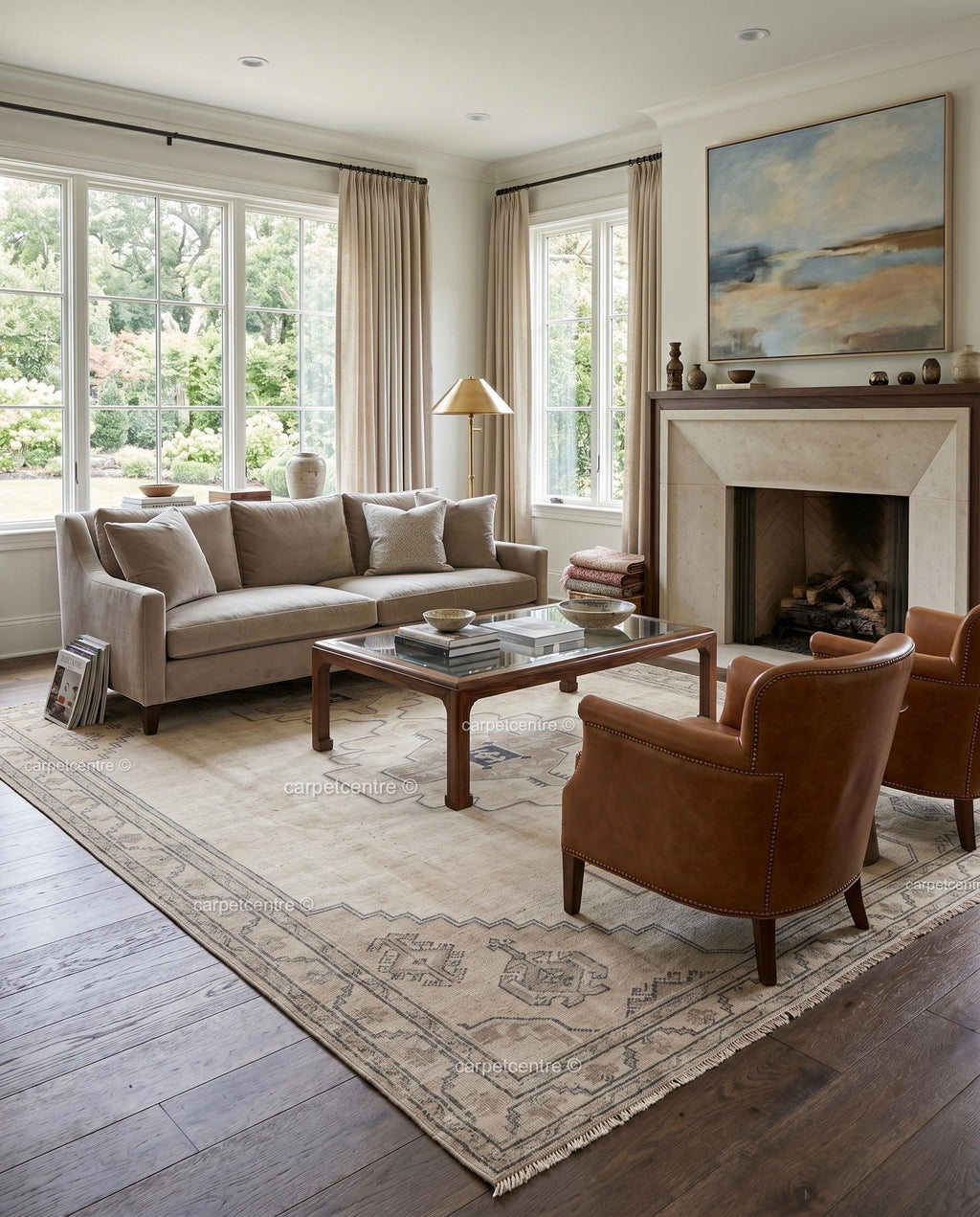 Hand-Knotted Wool Oushak Rug | Beige Tribal Geometric Medallion Living Room