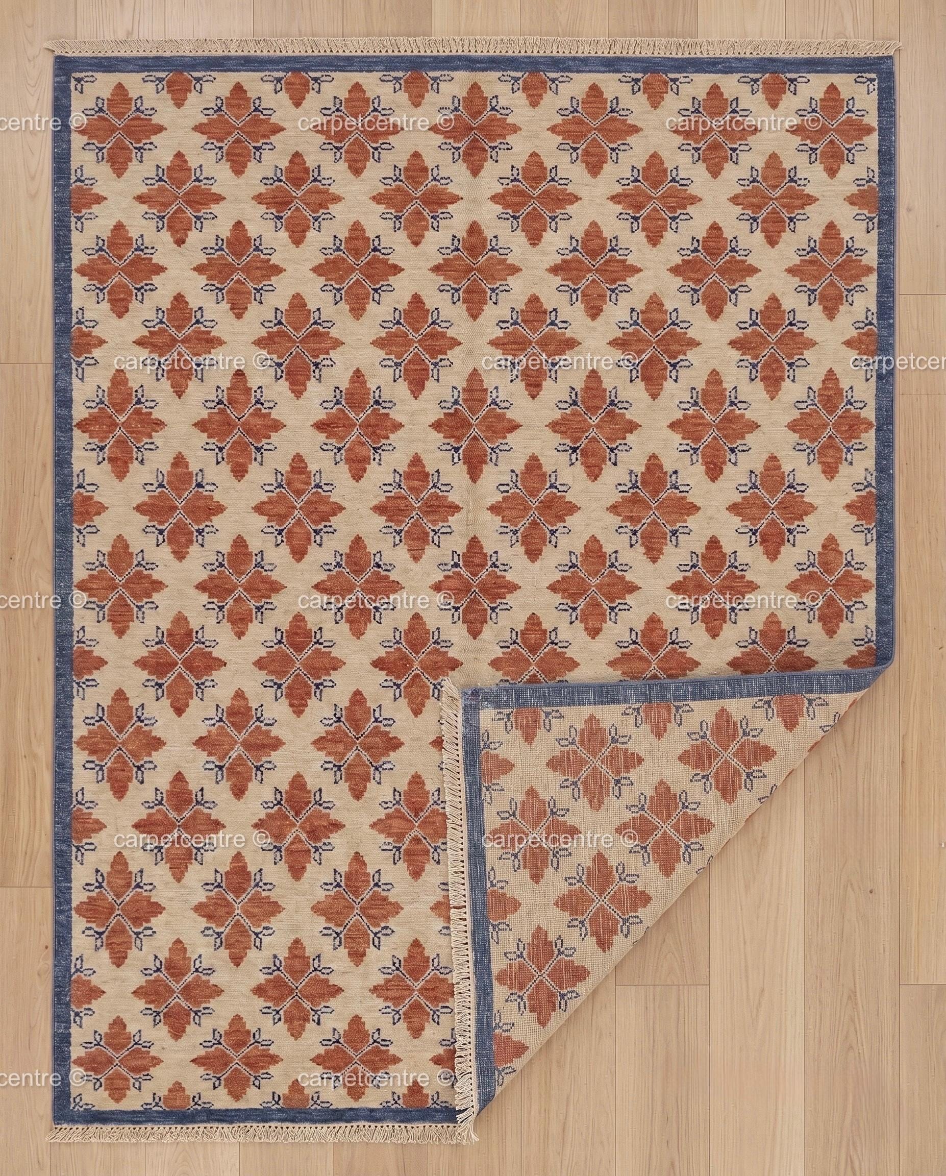 Handmade Wool Oushak Rug, Geometric Boho Turkish Carpet, Burnt Orange Beige Blue
