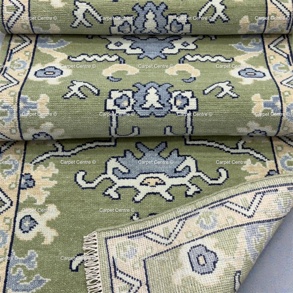 Olive Green Hand Knotted Oushak Wool Runner Rug Turkish Vintage Hallway Entryway Rug