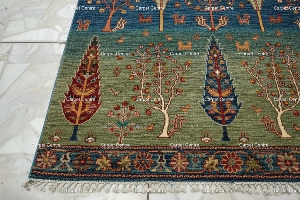 Hand-Knotted Wool Rug, Tree of Life Garden Design, Blue Green Abrash