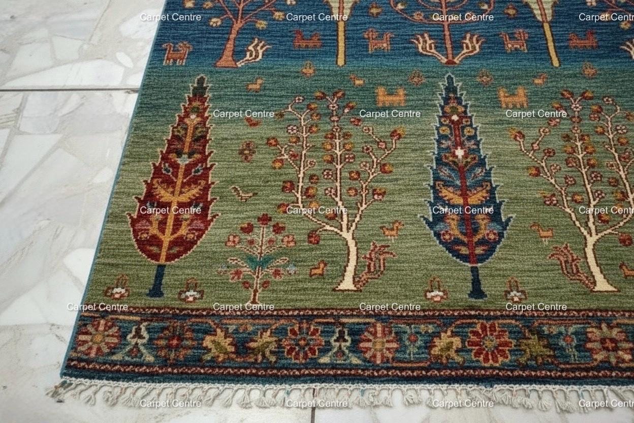 Hand-Knotted Wool Rug, Tree of Life Garden Design, Blue Green Abrash