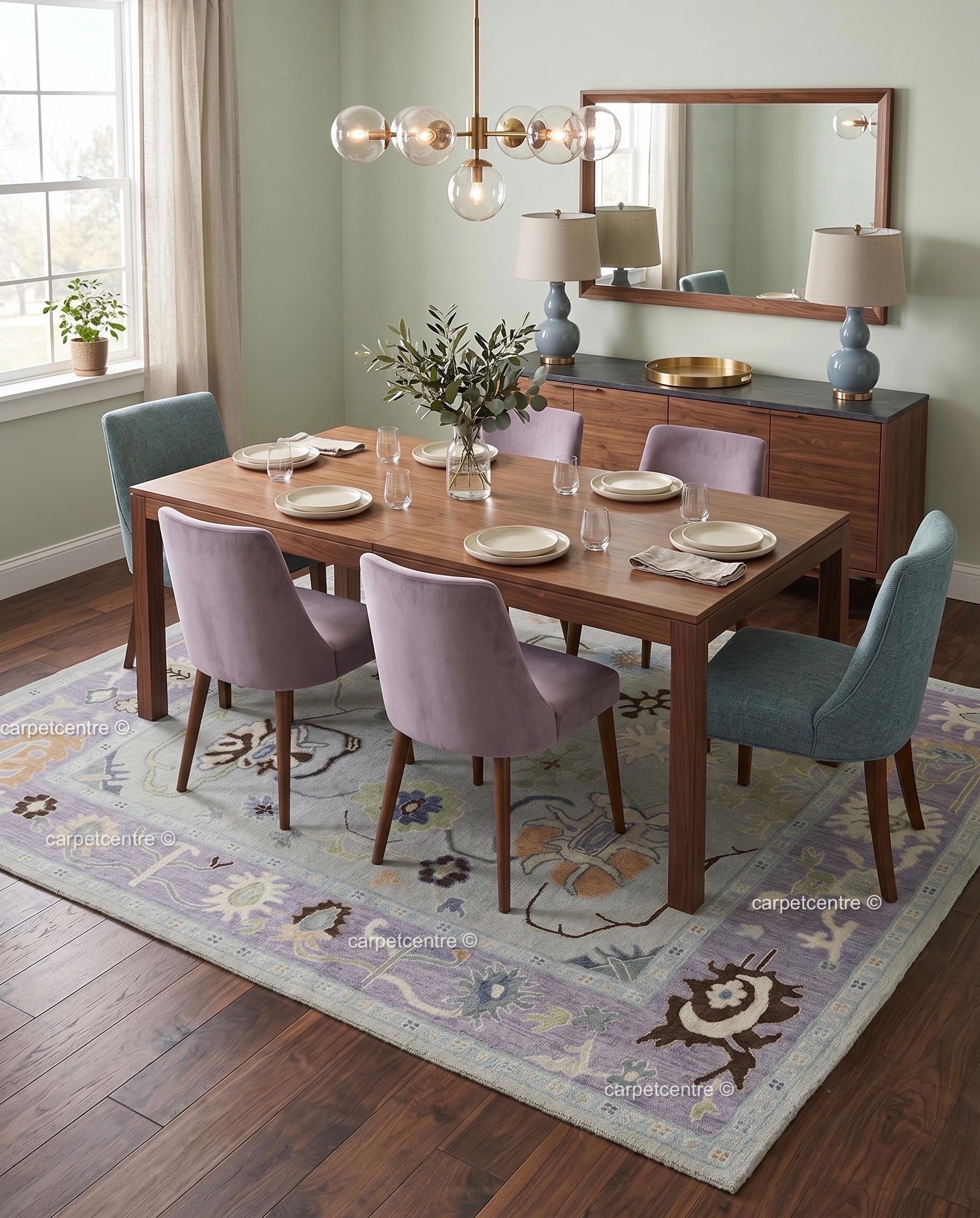 Hand Knotted Oushak Rug: Lavender Border, New Zealand Wool Carpet