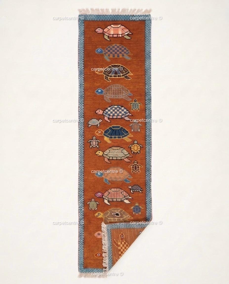 Handmade Wool Runner Rug – Rust Orange Tortoise Turtle Design, Coastal Hallway Carpet