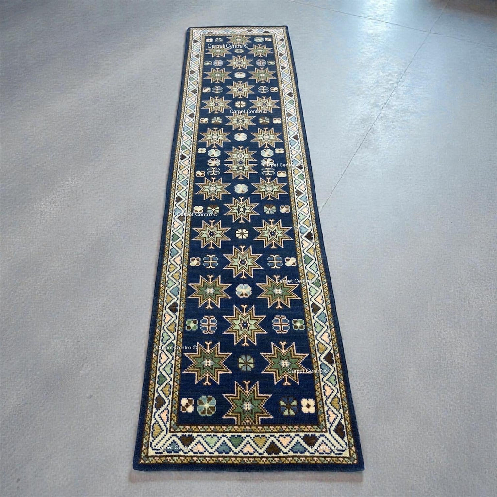 Oriental Star Design Navy Blue Oushak Runner Rug , Traditional Style Kitchen-Hallway-Entryway Rug