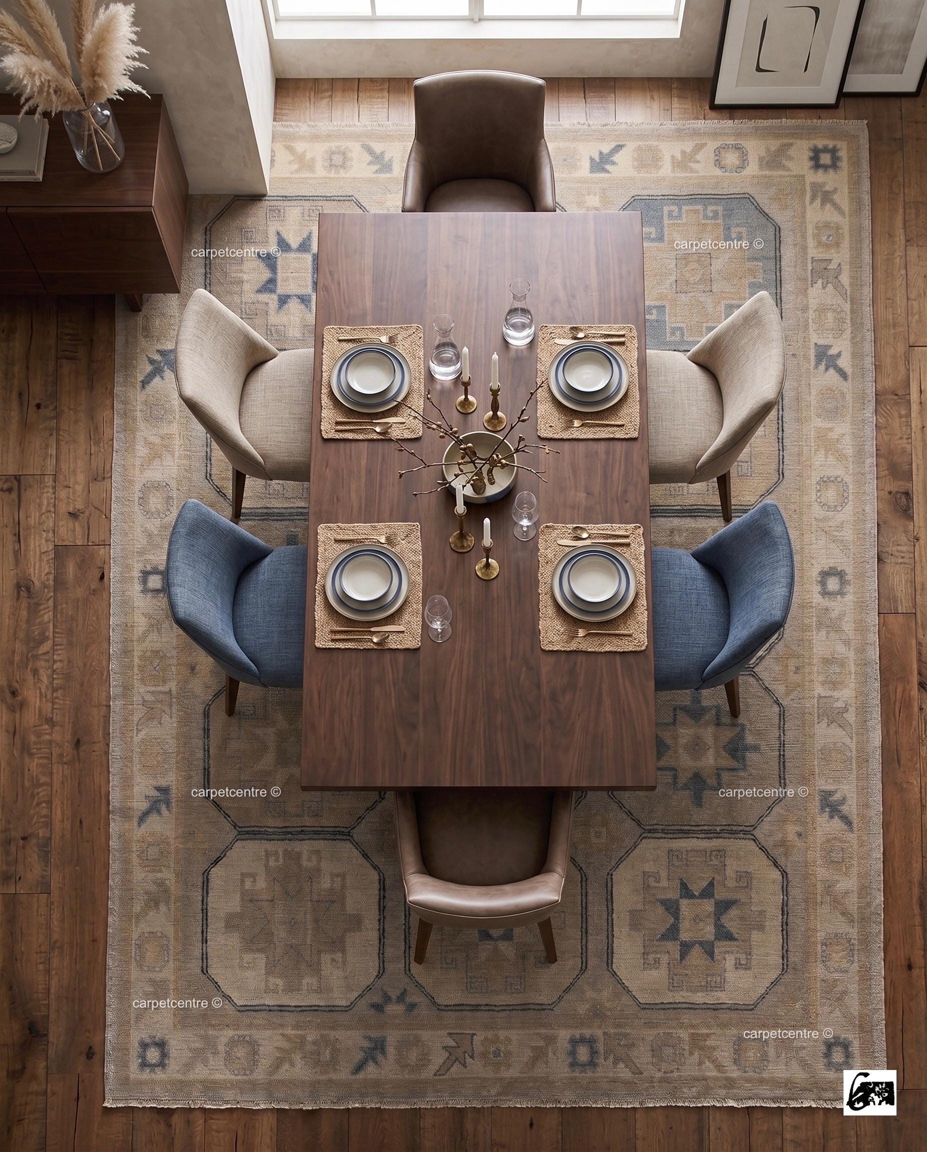 Geometric Oushak Rug | Muted Beige, Tan, Slate Blue Turkish Area Rug | Farmhouse Boho Style