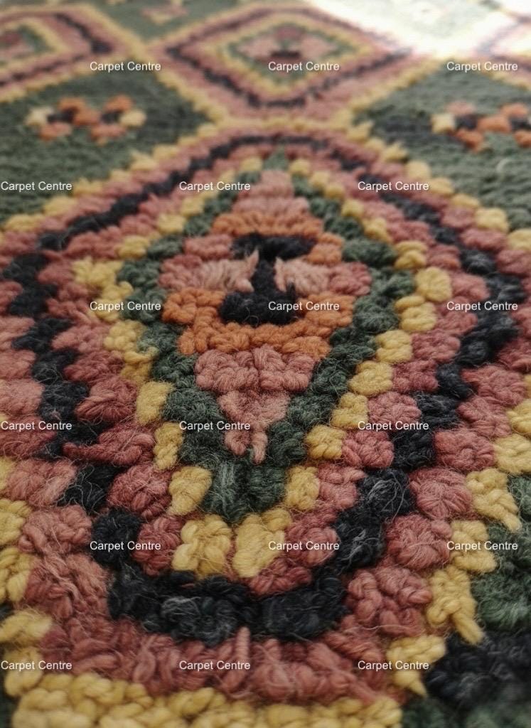 Green Moroccan Shag Rug, Hand-Knotted Wool, Geometric Diamond, Tulu Style