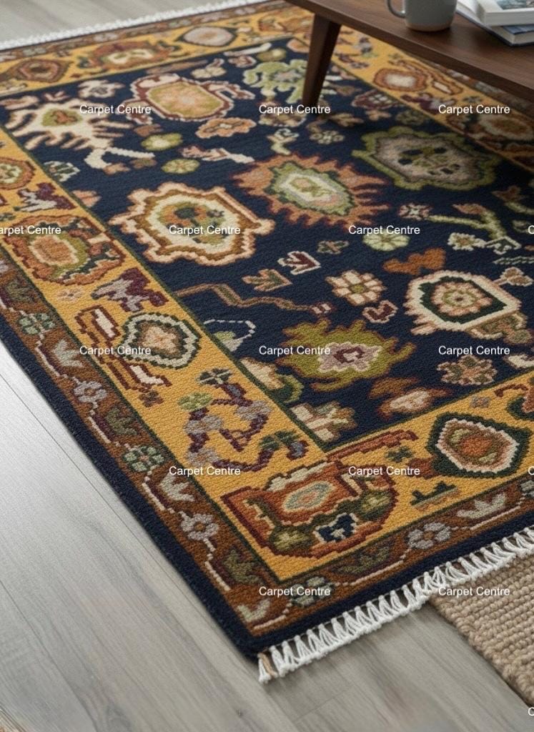 Navy Blue Oushak Rug, Hand-Knotted Wool Rug, Gold Border