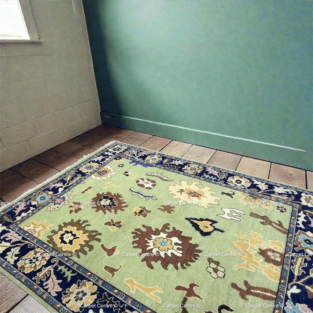 Hand-Knotted Sage Green Oushak Wool Rug, Navy Border, Living Room Decor