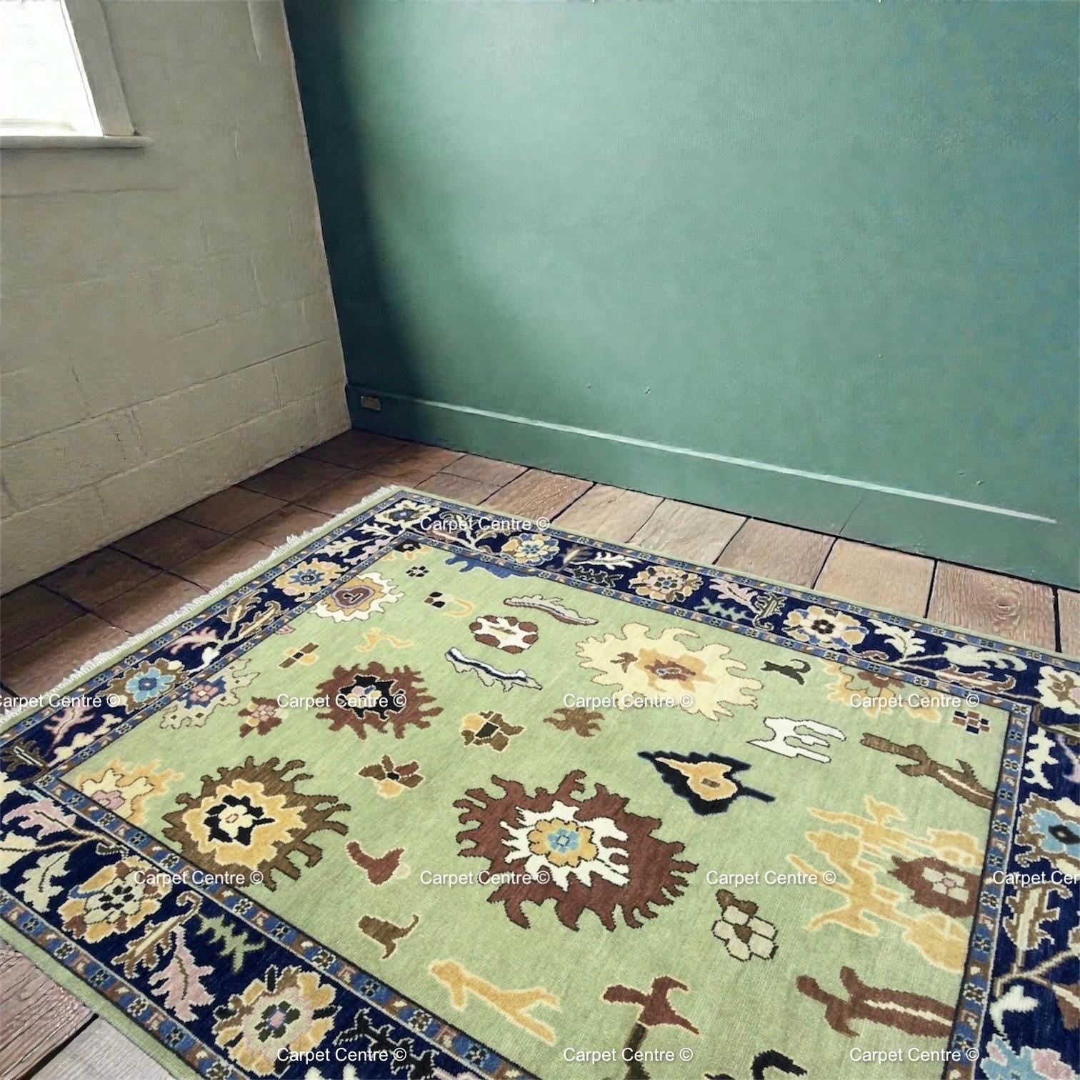 Hand-Knotted Sage Green Oushak Wool Rug, Navy Border, Living Room Decor