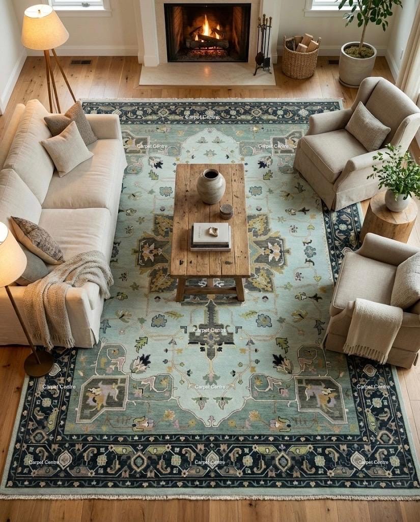 Hand Knotted Oushak Wool Rug, Aqua Navy Geometric Serapi Style