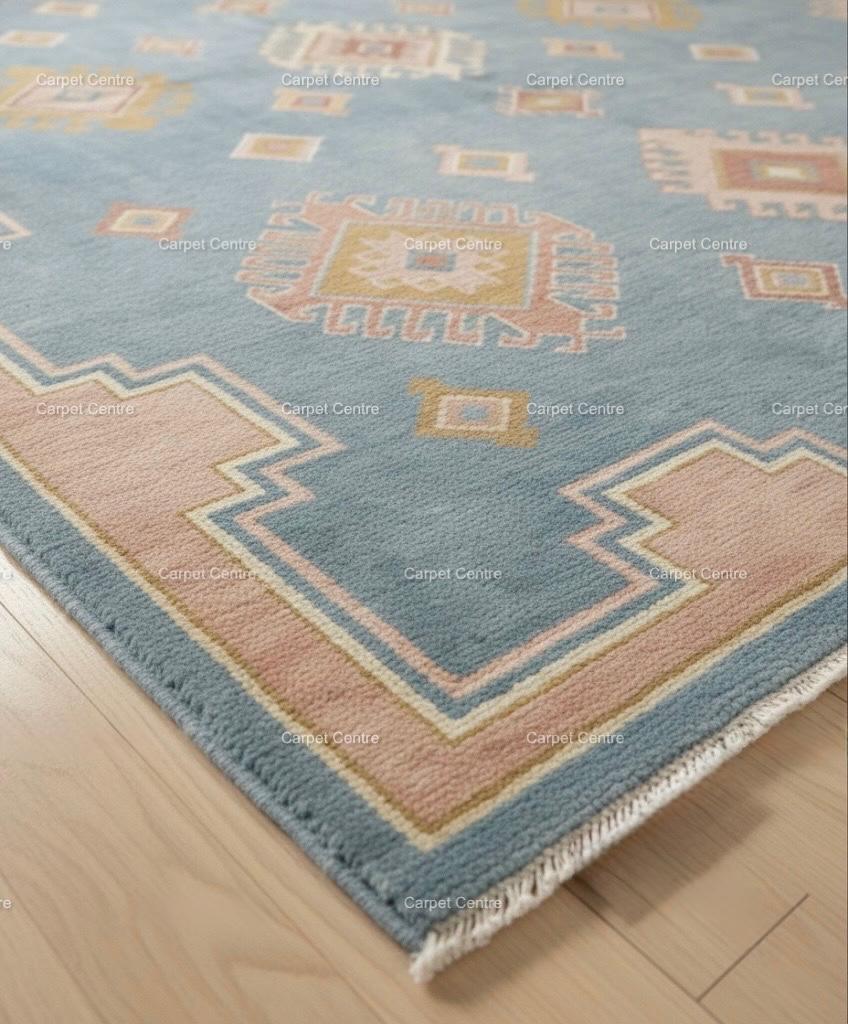 Hand-Knotted Wool Oushak Rug, Light Blue, Blush Pink Border