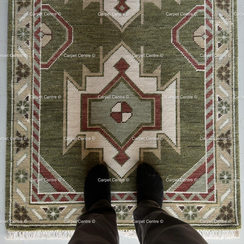 Hand-Knotted Wool Oushak Runner Rug, Olive Green Geometric Design
