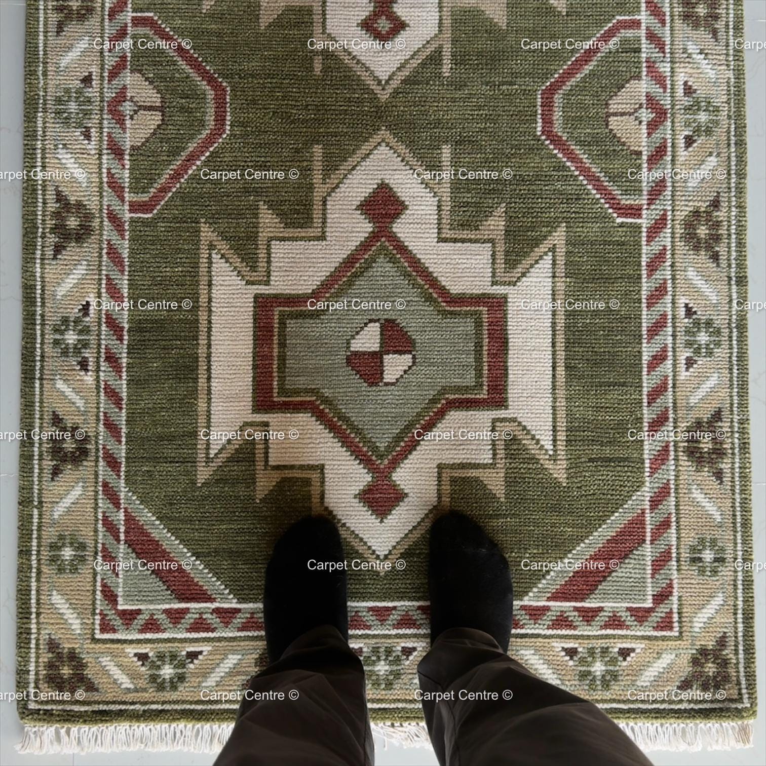 Hand-Knotted Wool Oushak Runner Rug, Olive Green Geometric Design