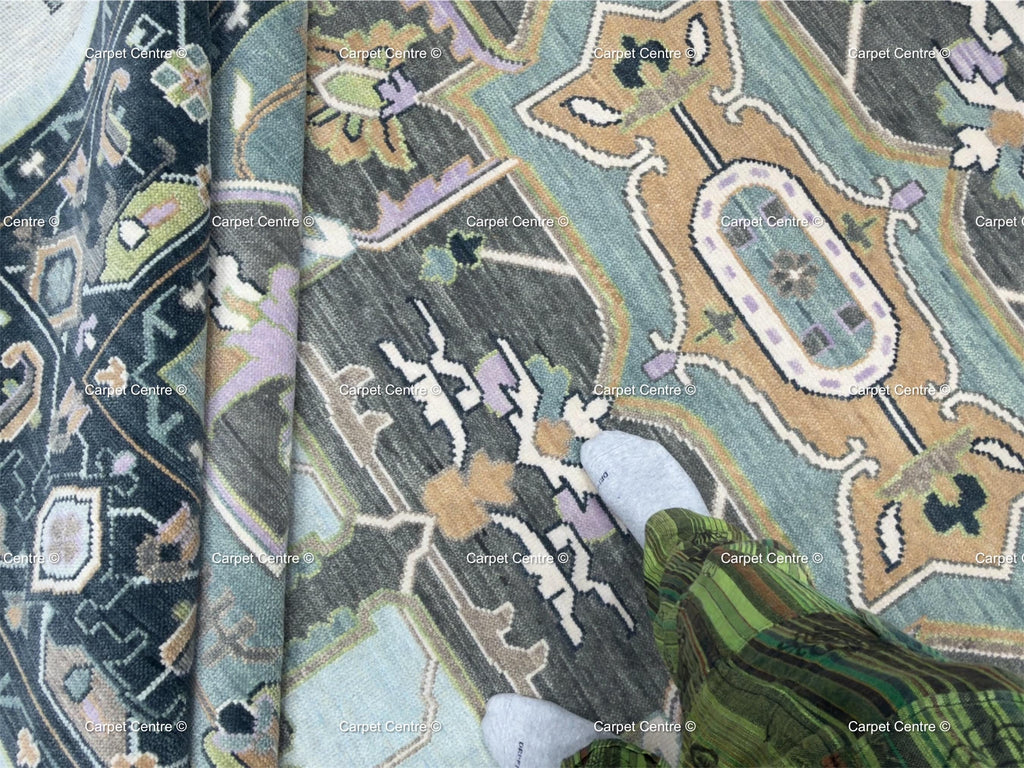 Hand Knotted Oushak Wool Rug, Aqua Navy Geometric Serapi Style