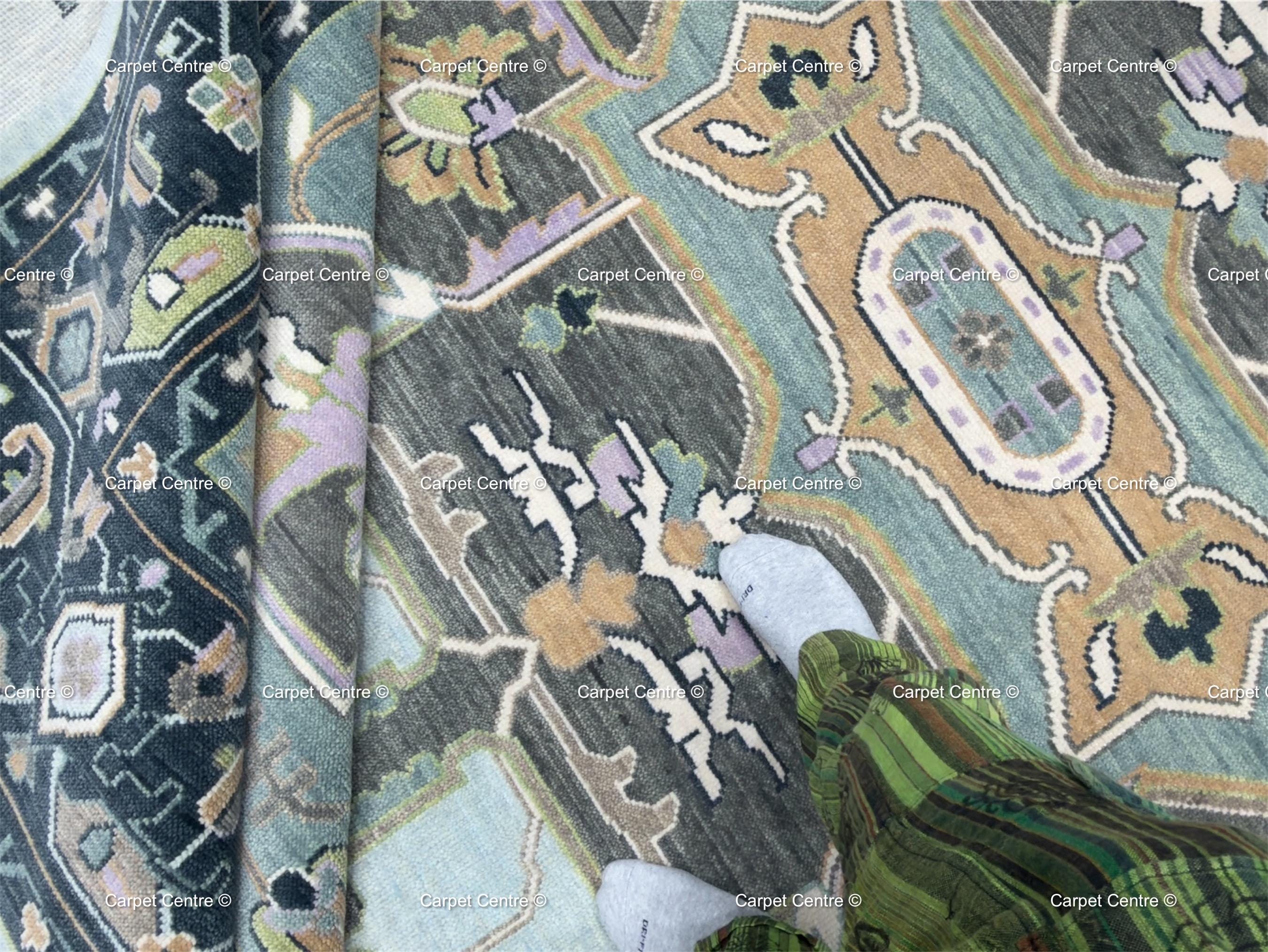 Hand Knotted Oushak Wool Rug, Aqua Navy Geometric Serapi Style