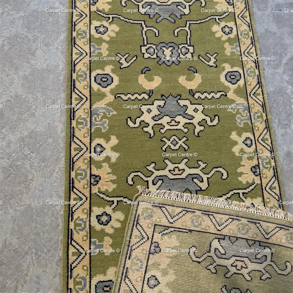 Olive Green Hand Knotted Oushak Wool Runner Rug Turkish Vintage Hallway Entryway Rug