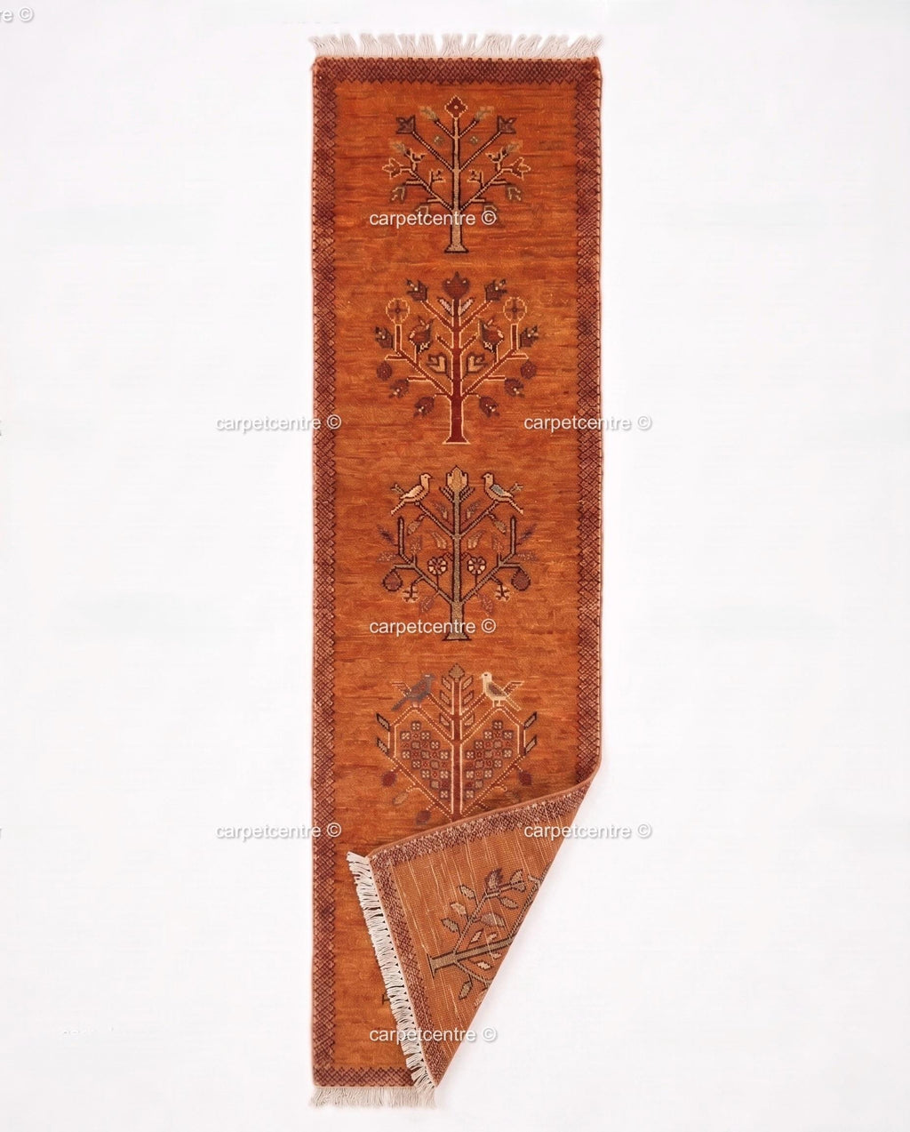 Tribal Tree Runner Rug – Rust Orange Wool Carpet with Bird Motif (Custom Sizes)
