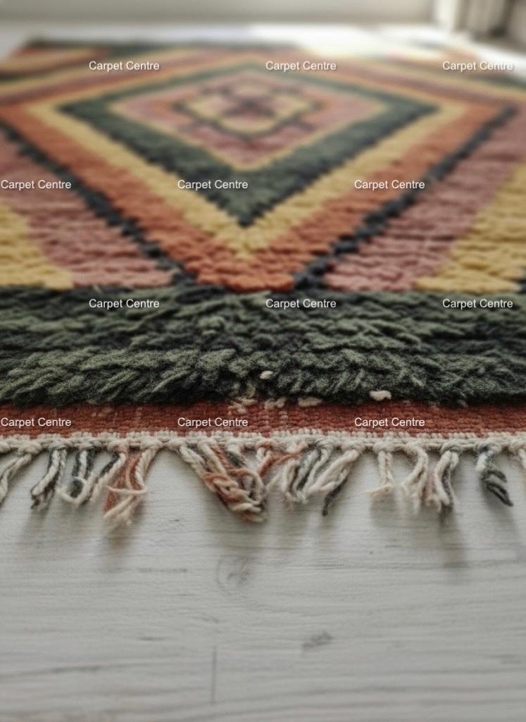 Green Moroccan Shag Rug, Hand-Knotted Wool, Geometric Diamond, Boho Style