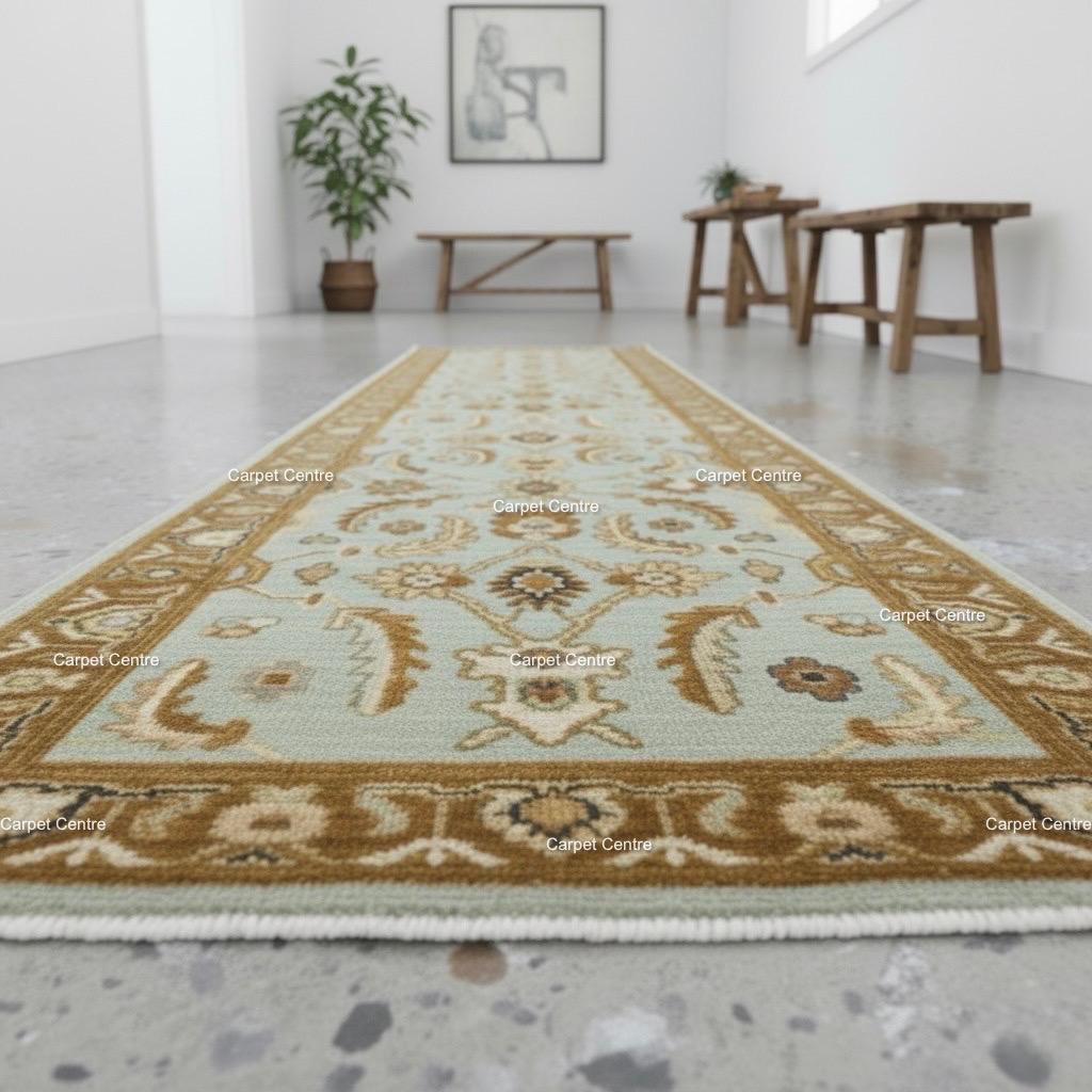 Hand-Knotted Wool Runner Rug, Light Blue Floral Hallway, 2x8
