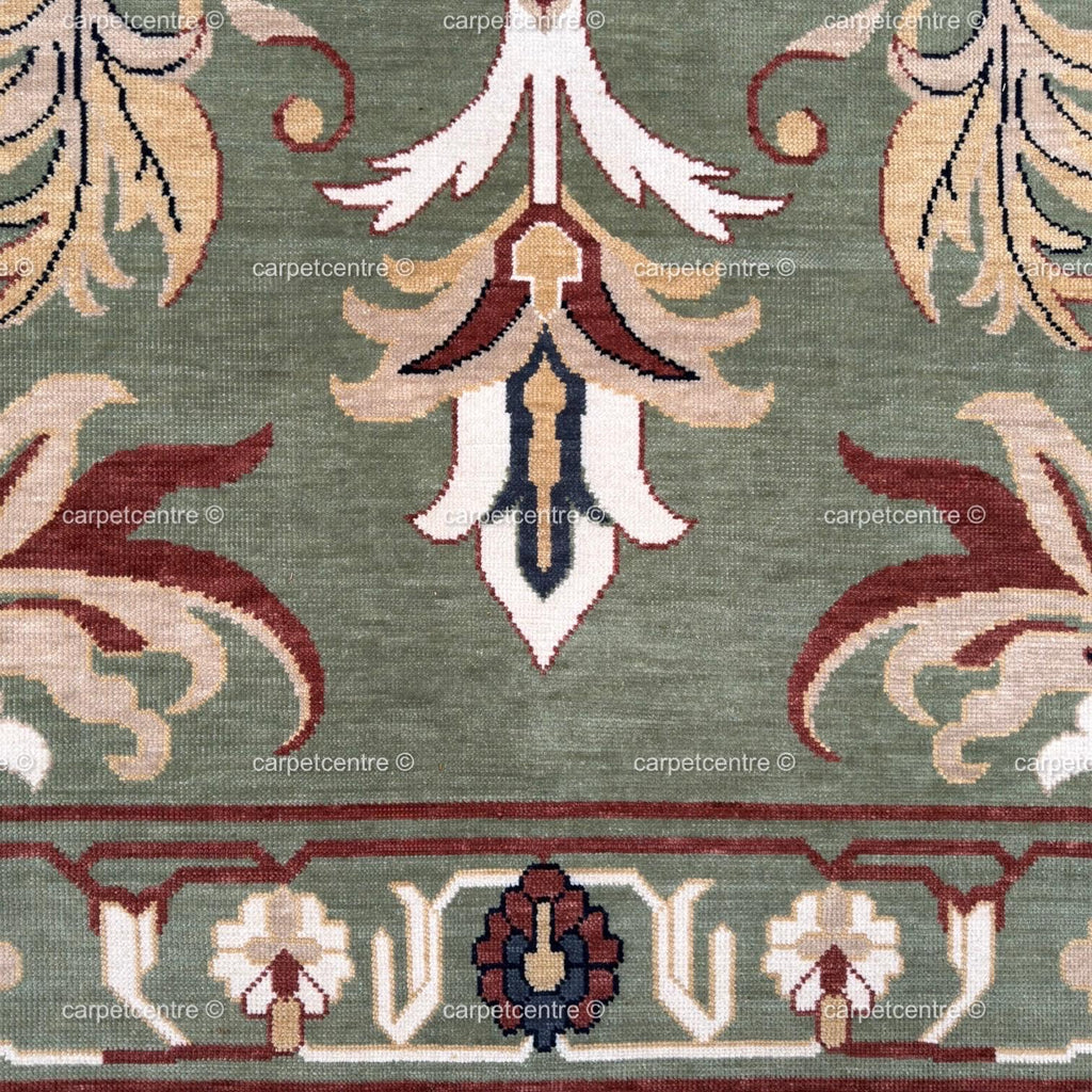 Hand-Knotted Sage Green Oushak Rug | Traditional Turkish Wool Medallion Carpet
