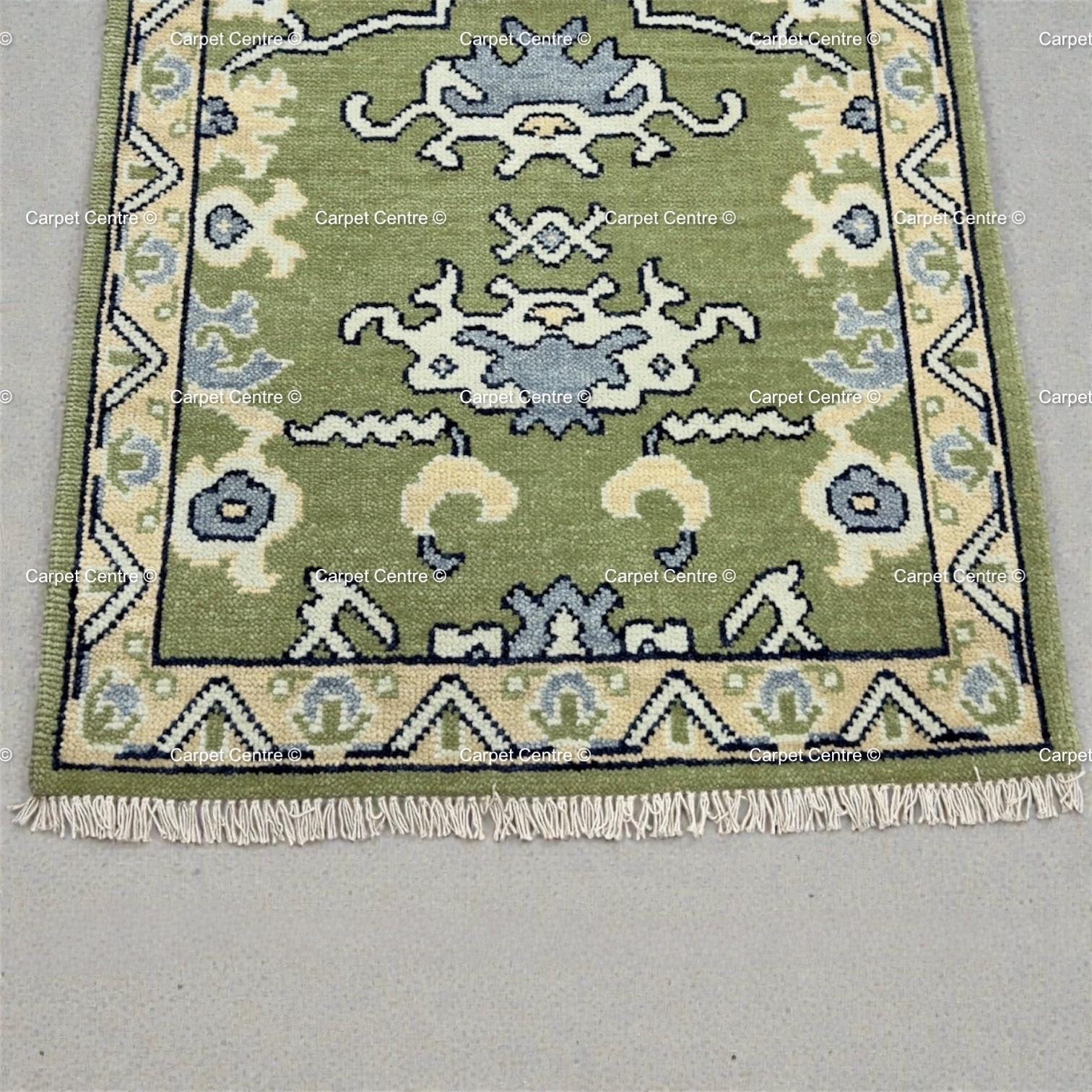 Olive Green Hand Knotted Oushak Wool Runner Rug Turkish Vintage Hallway Entryway Rug