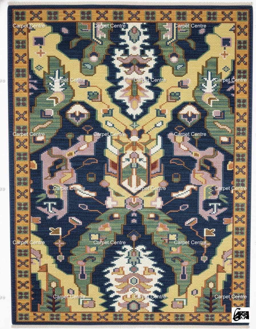 Navy Blue Oushak Rug, Hand-Knotted Wool, Geometric Boho Rug