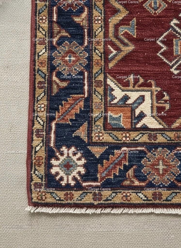 Hand-Knotted Red Oushak Wool Rug, Heriz Medallion, Navy Border