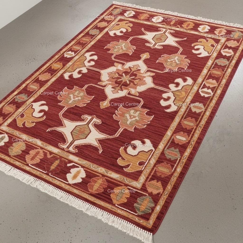 Handwoven Burgundy Oushak Wool Rug: Medallion Floral Design