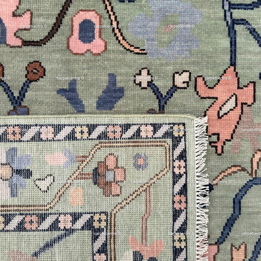 Hand Knotted Sage Green Oushak Wool Rug, Floral Botanical Area Rug