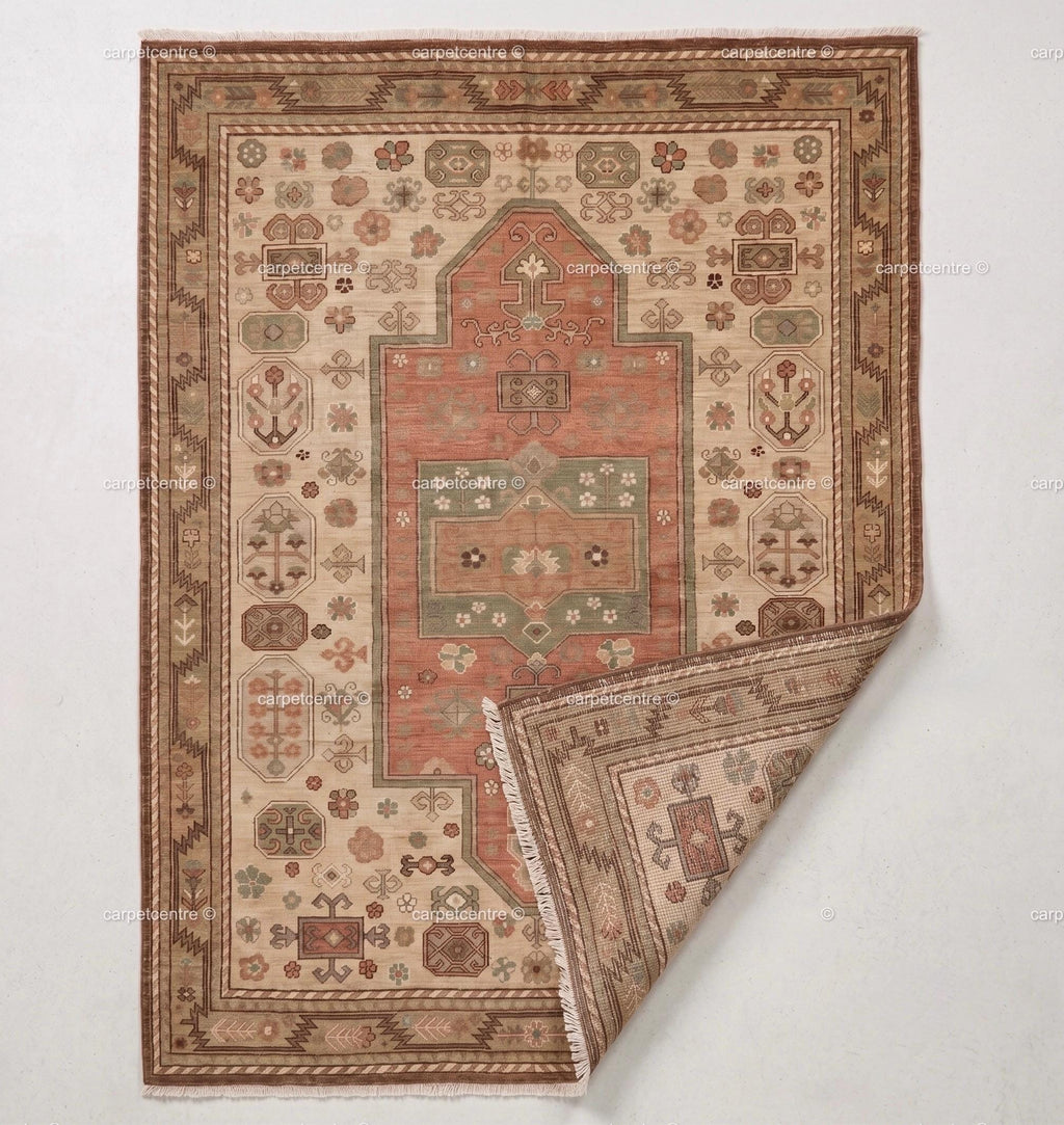 Hand Knotted Oushak Rug: Terracotta Medallion, New Zealand Wool, Custom Size Area Carpet